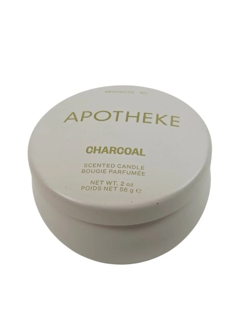 Apotheke Mini Tin Candle Charcoal Scent 2oz White Tin Black Wax 15 Hr Burn Time